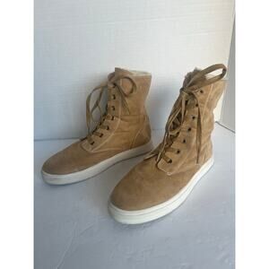 PAWJ‎ Vegan Tan Mid Calf Polar Fleece Lace Up Round Toe Rubber Sole Boot Sz 10.5